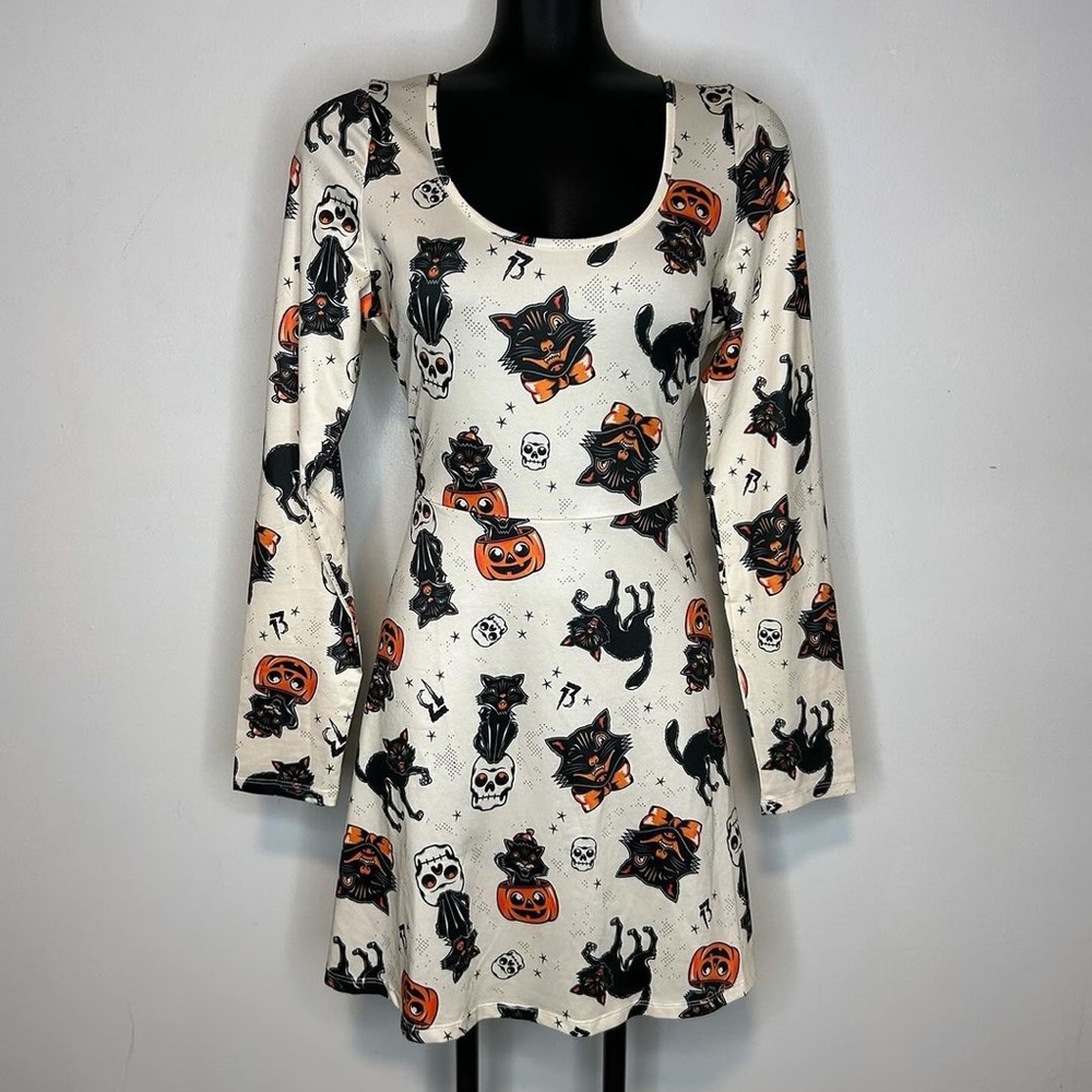 Sourpuss Halloween Print Mini Dress - Cream and Black